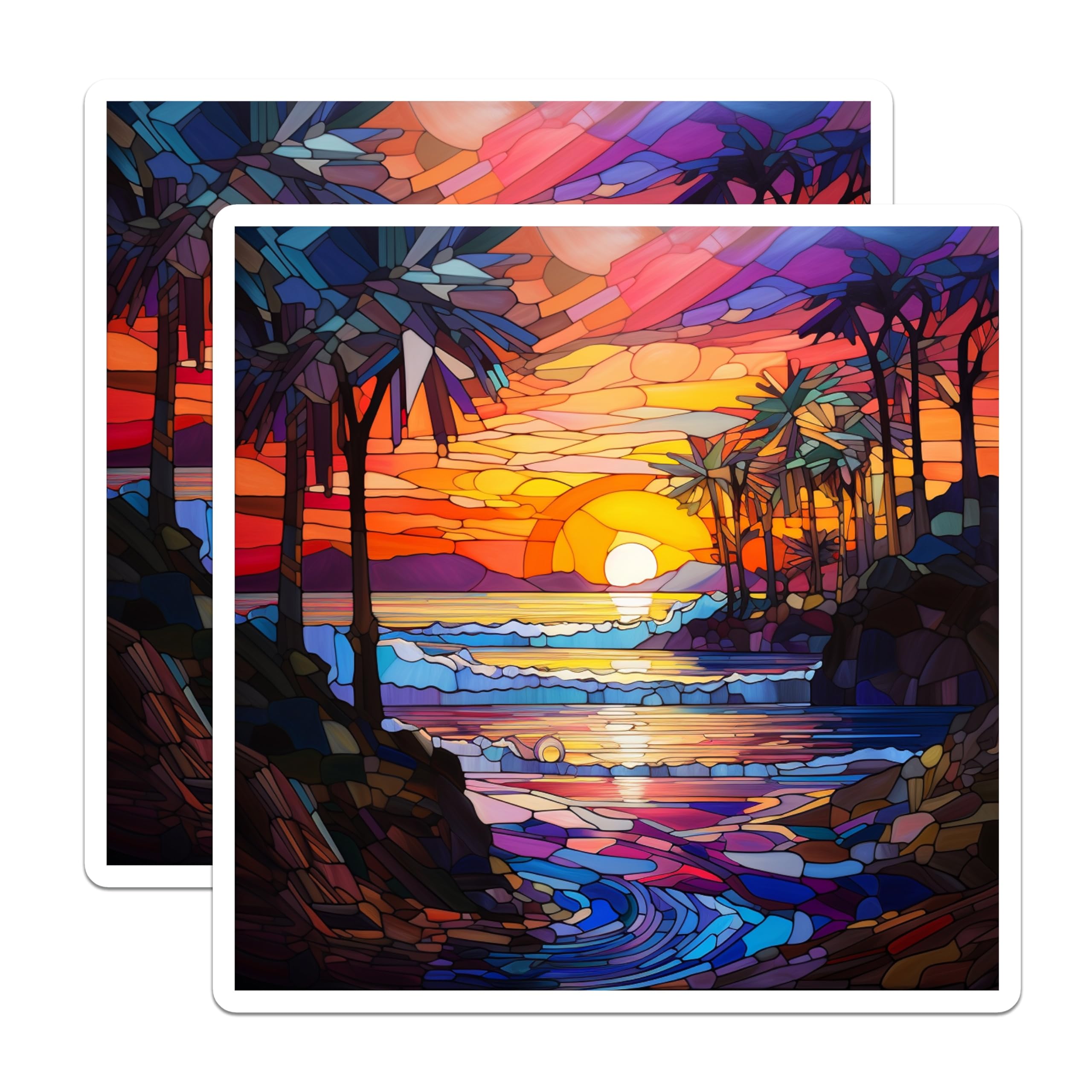 (2 Pack) Stained Glass Sunset Magnets - Tropical Beach Decor - Vibrant Ocean Scene - Palm Tree Art - 5 Inches On Longest Side - Thick Durable Magnet - Made in USA - MAG30511
