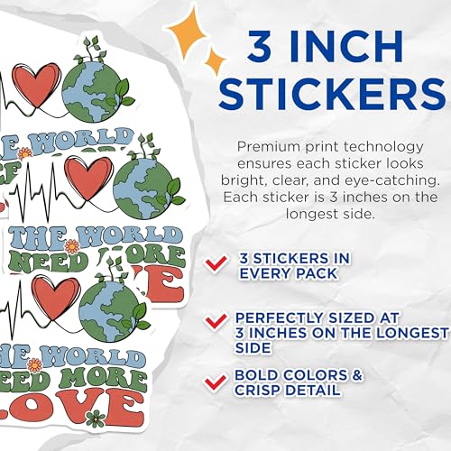 (3 Pack) The World Need More Love Decals - Earth Heartbeat Laptop Decal - Floral Positive Vibes - 3 Inches On Longest Side - Easy Peel & Apply - Made in USA - 3MCS7719
