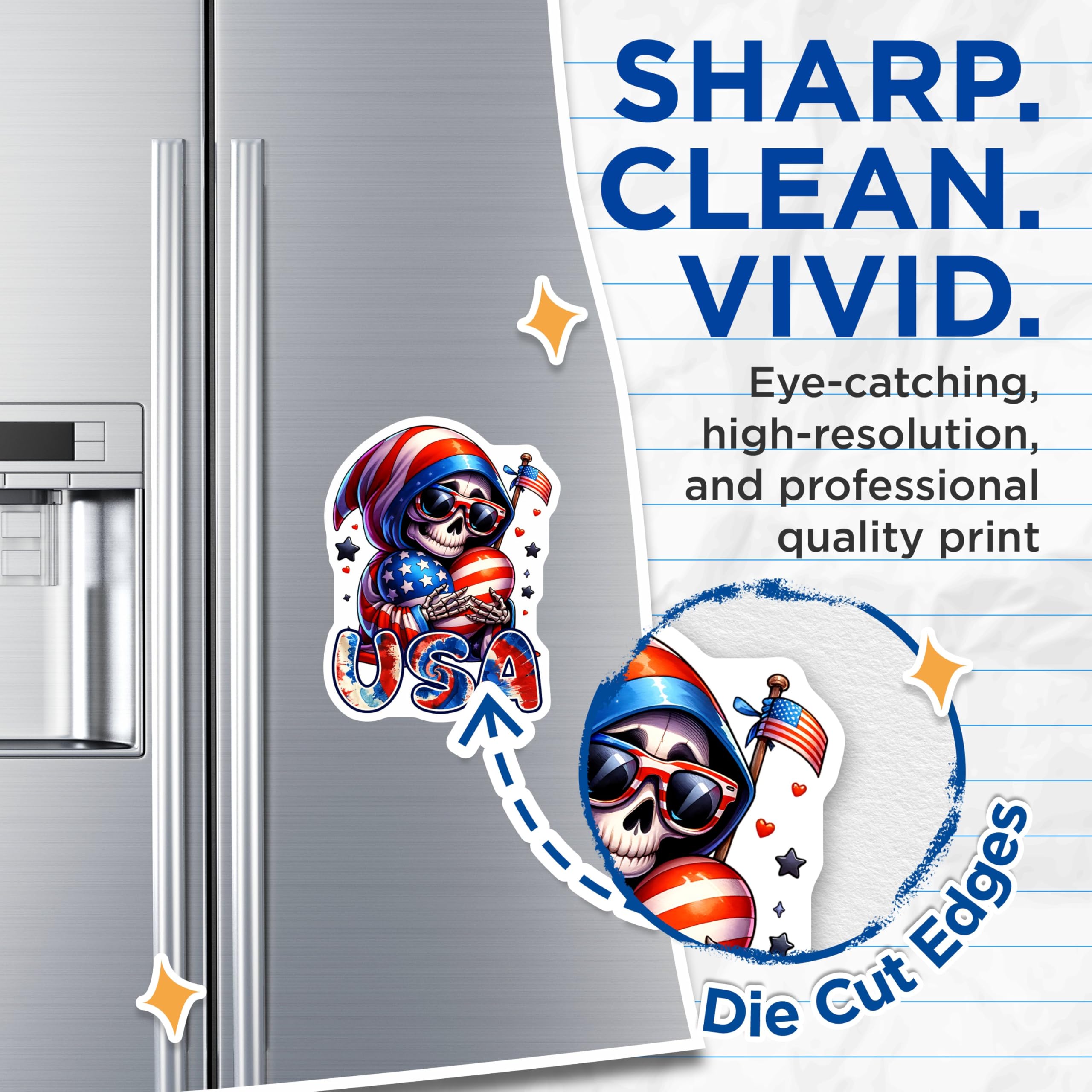 (2 Pack) Skeleton USA Magnets - Patriotic Skull - American Flag Art - 5" On Longest Side - for Cars, Fridges, Toolboxes - Made in USA - MAG7919