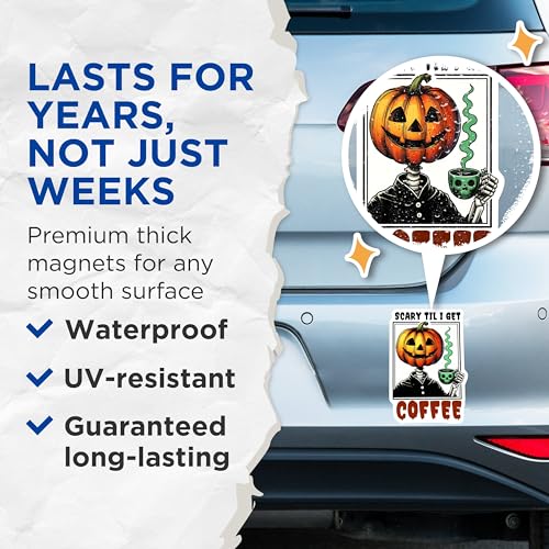 (2 Pack) Pumpkin Head Magnet - Spooky Coffee Lover Decor - 5" On Longest Side - Sticks to Smooth Flat Surfaces - Made in USA - MAG9778