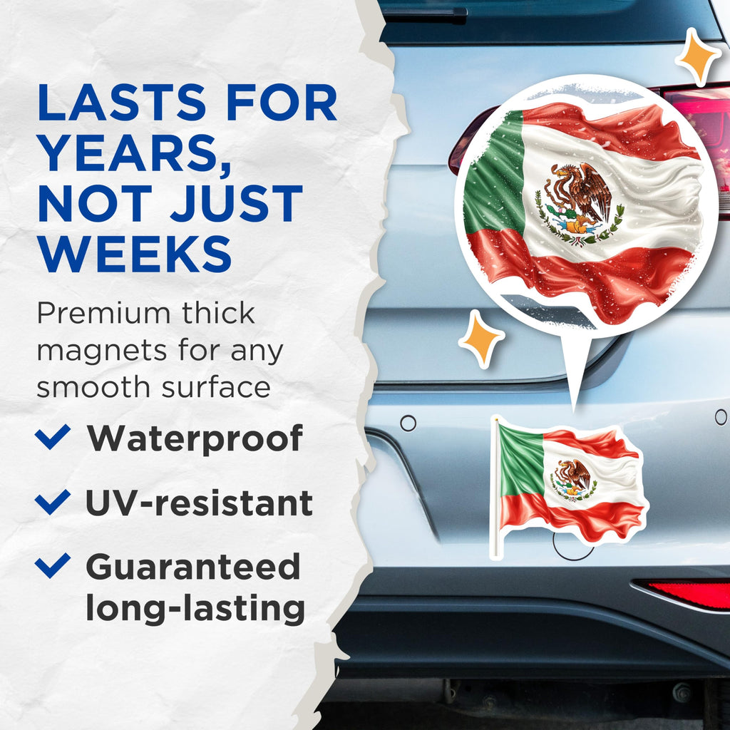 (2 Pack) Mexican Flag Magnets - National Emblem - Patriotic Heritage - 5 Inches On Longest Side - Thick Durable Magnet - Made in USA - MAG24818