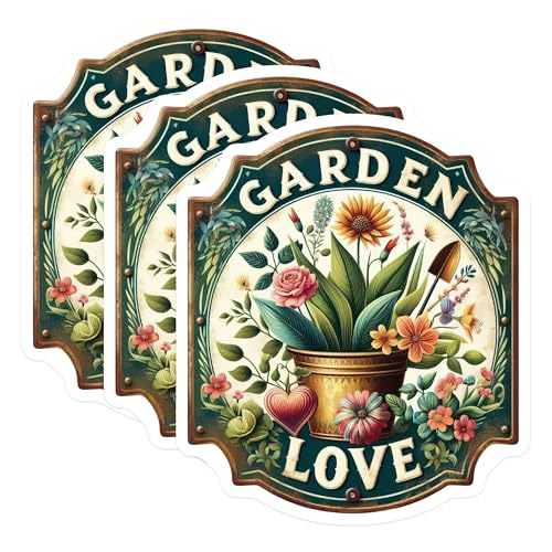 (3 Pack) Garden Love Decals - Floral Garden Sign - Flower Pot Decal- 3 Inches On Longest Side - Easy Peel & Apply - Made in USA - 3MCS5734