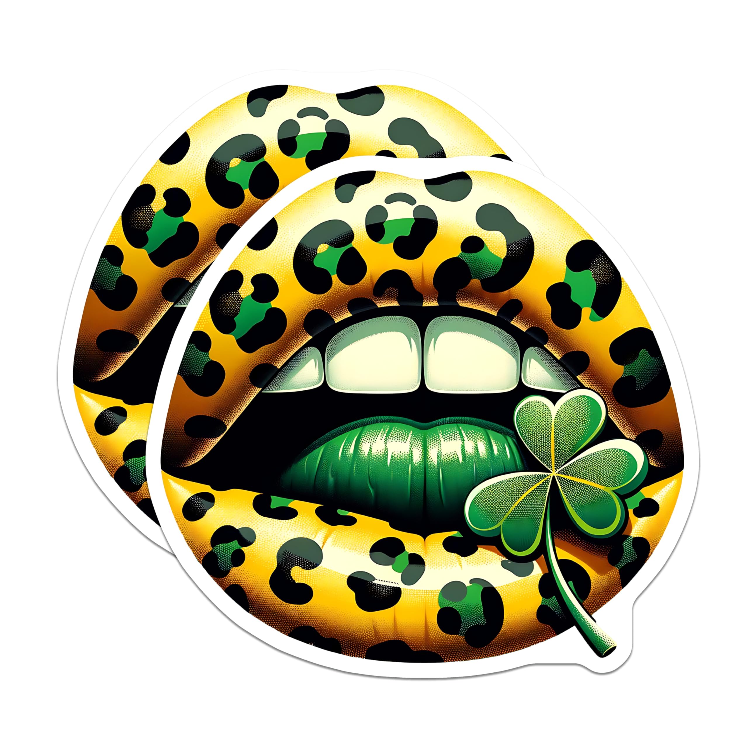 (2 Pack) Leopard Lips Stickers - Shamrock Decal - St Patricks Day Kiss- 5" On Longest Side - Sticks to Smooth Flat Surfaces - Made in USA - BMCS16932