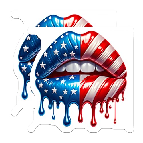 (2 Pack) American Flag Lip Stickers - Patriotic Lips Decal - USA Flag Dripping Lips Art - 5" On Longest Side - Sticks to Smooth Flat Surfaces - Made in USA - BMCS9824