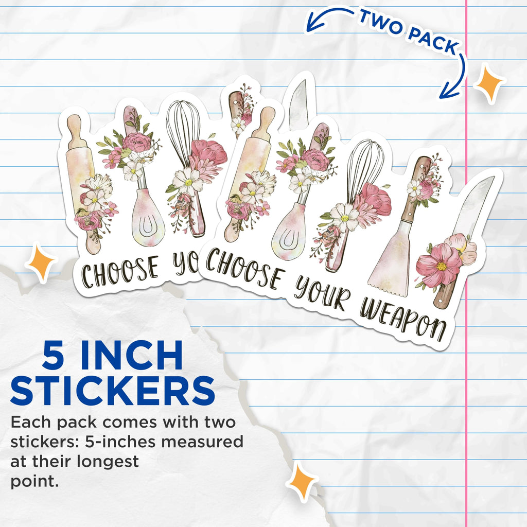 (2 Pack) Kitchen Utensil Floral Stickers - Cooking Themed Stickers - Unique Kitchen Decor - 5" On Longest Side - Sticks to Any Smooth Flat Surface - Made in USA - BMCS2874