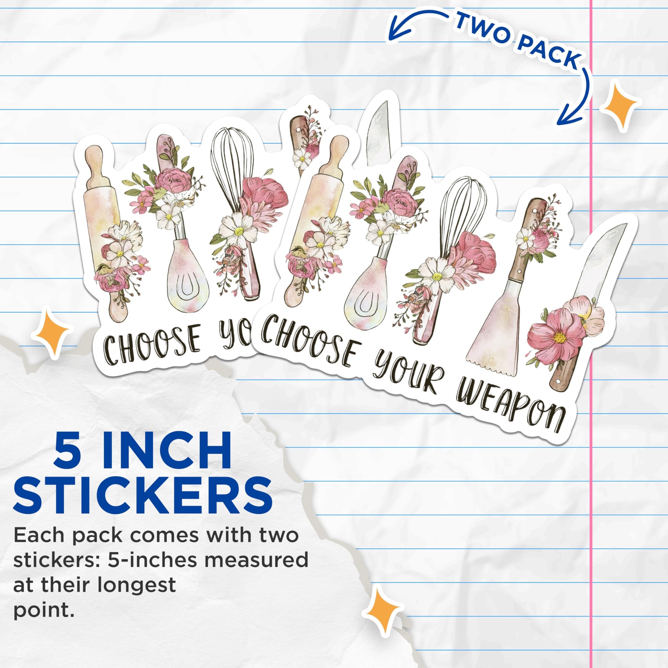 (2 Pack) Kitchen Utensil Floral Stickers - Cooking Themed Stickers - Unique Kitchen Decor - 5" On Longest Side - Sticks to Any Smooth Flat Surface - Made in USA - BMCS2874