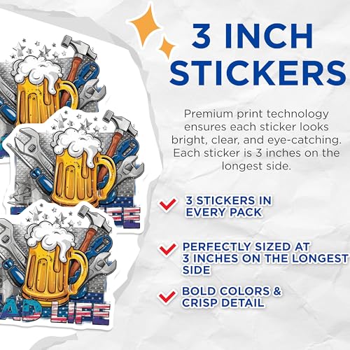 (3 Pack) Dad Life Decals - Beer Mug - Tools - Father Decals - 3 Inches On Longest Side - Easy Peel & Apply - Made in USA - 3MCS7410