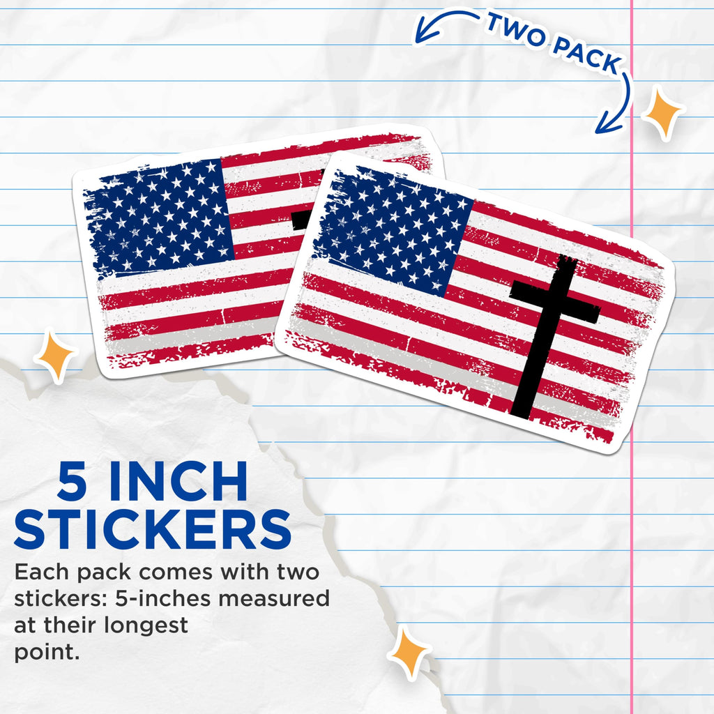(2 Pack) American Flag Cross Stickers - Religious Decal - Patriotic Faith Stickers - 5" On Longest Side - Sticks to Smooth Flat Surfaces - Made in USA - BMCS4883
