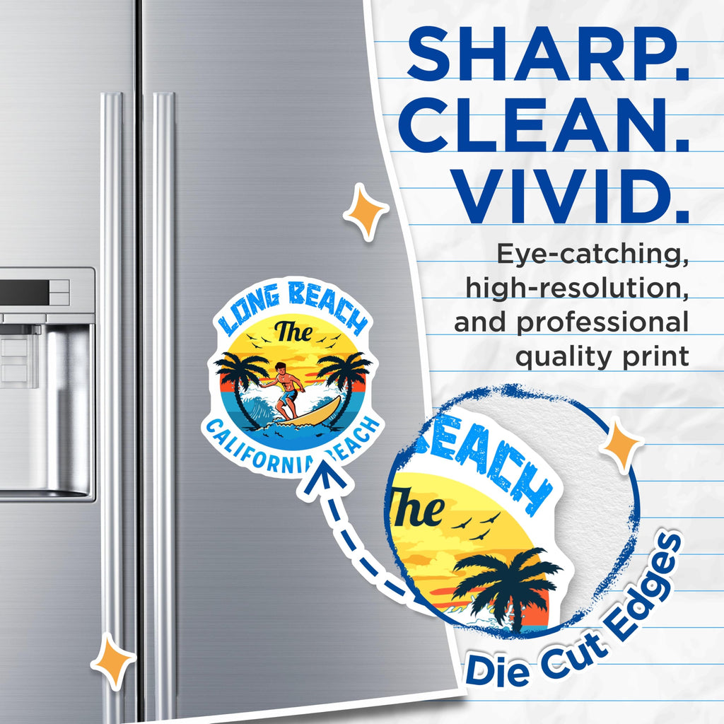 (2 Pack) Long Beach California Magnets - Surfer Beach Scene - Coastal Refrigerator Magnets - 5" On Longest Side - Premium Magnet - for Cars, Refrigerators, Toolboxes, Lockers - Made in USA - MAG17775