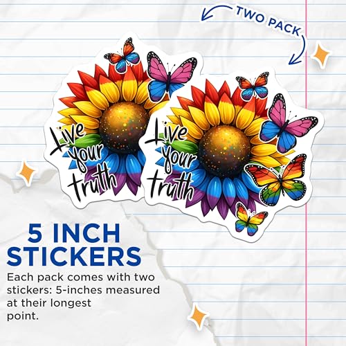 (2 Pack) Live Your Truth Stickers - Rainbow Butterfly - Sunflower Quote - 5" On Longest Side - Sticks to Smooth Flat Surfaces - Made in USA - BMCS8255