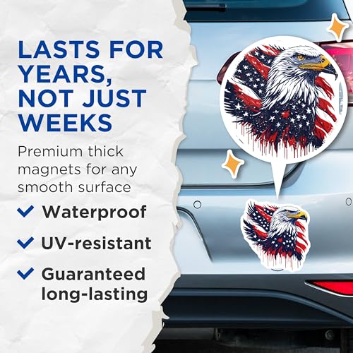 (2 Pack) Patriotic Eagle Magnets - American Flag - USA Decor - Bald Eagle Art - National Pride - 5" On Longest Side - for Cars, Fridges, Toolboxes - Made in USA - MAG6762