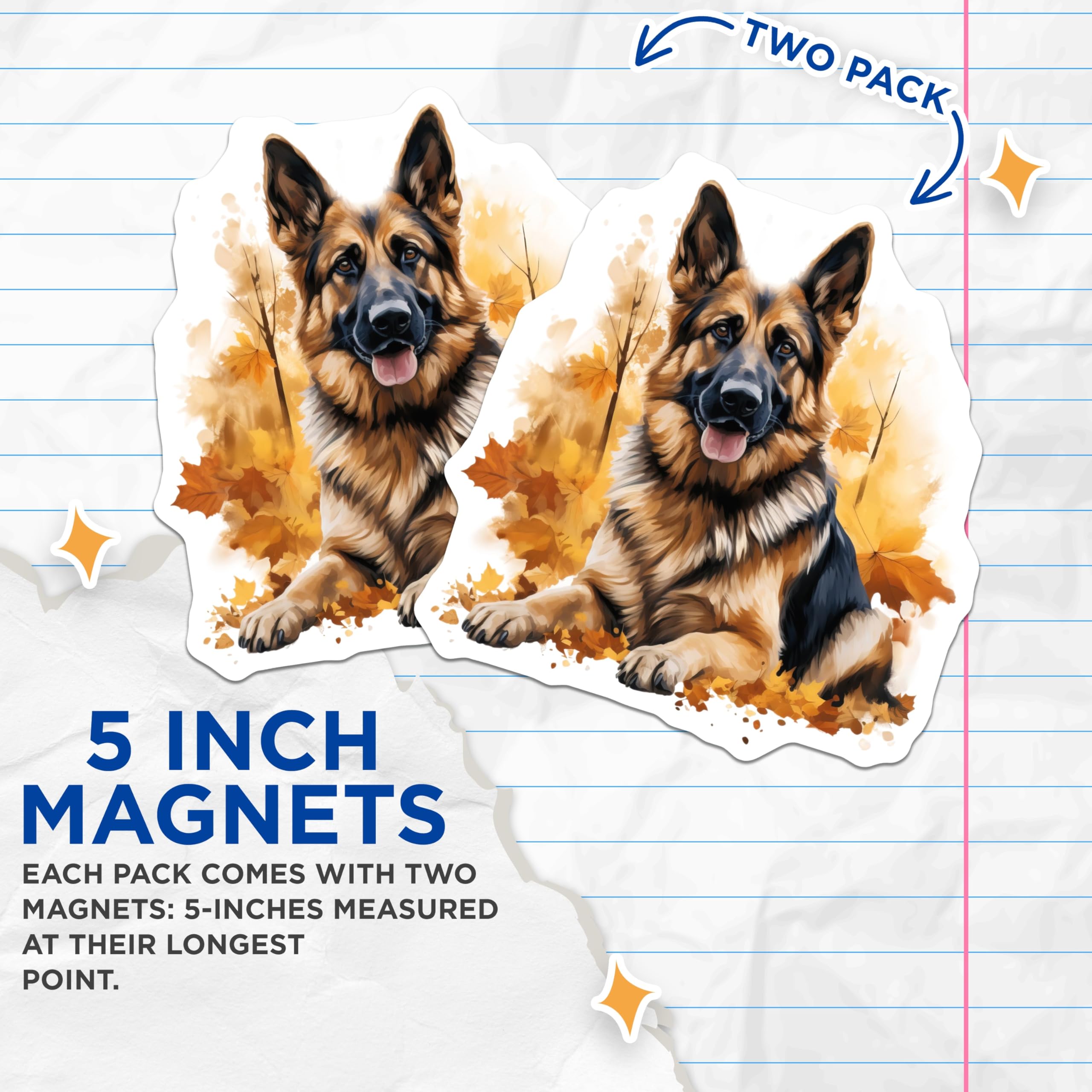 (2 Pack) German Shepherd Dog Magnets - Autumn Leaves Decor - GSD Pet Owner Art - 5 Inches On Longest Side - Thick Durable Magnet - Made in USA - MAG26457