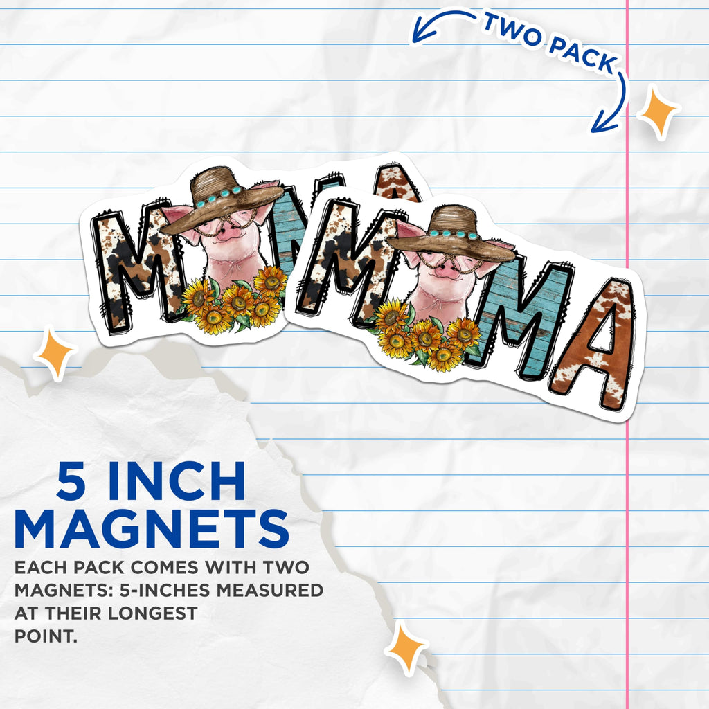 (2 Pack) Mama Magnets - Farmhouse Pig Design - Western Cow Print Sunflowers Accent - 5 Inches On Longest Side - Thick Durable Magnet - Made in USA - MAG23299