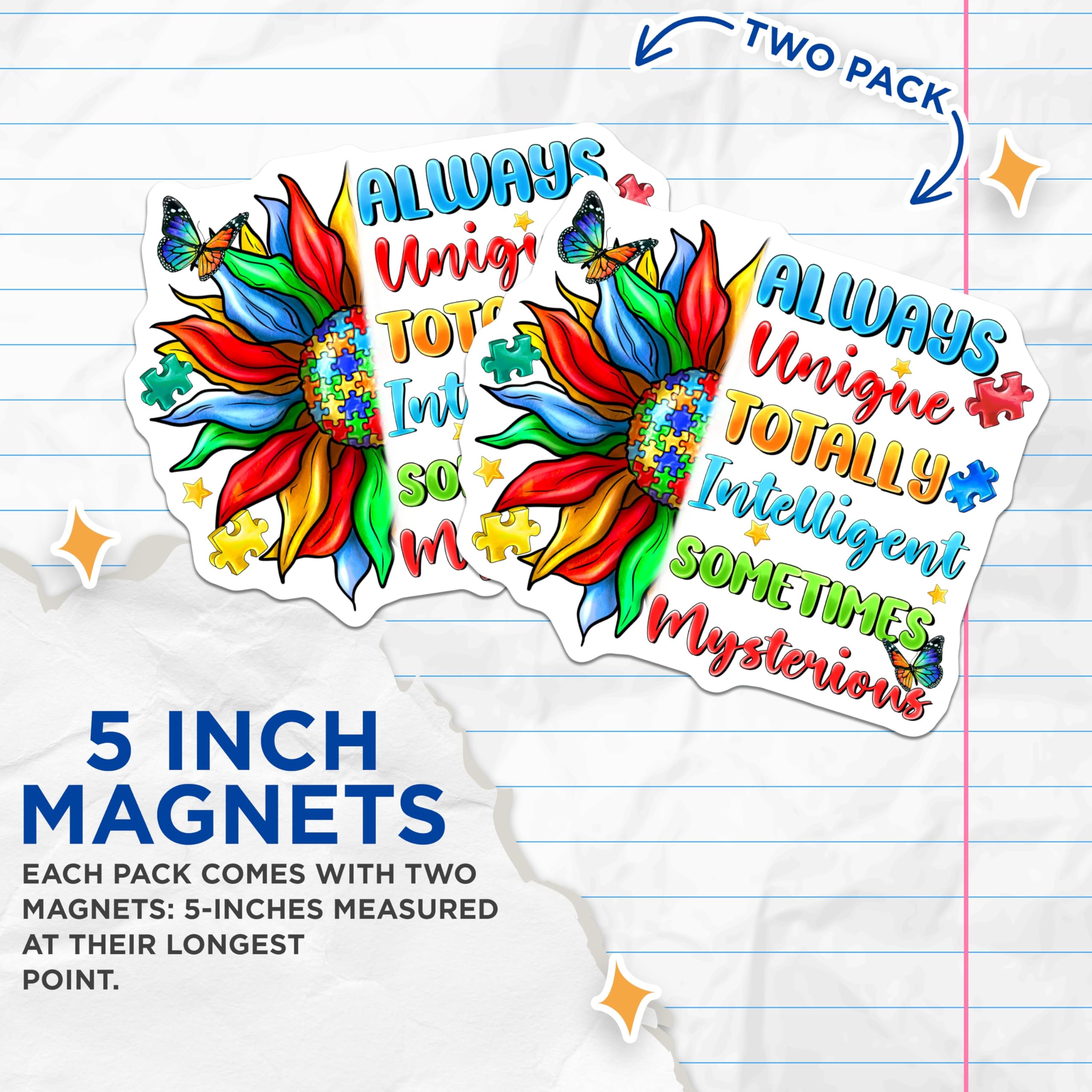 (2 Pack) Autism Sunflower Magnets - Unique Intelligent Mysterious - Neurodiversity Acceptance Butterfly - 5 Inches On Longest Side - Thick Durable Magnet - Made in USA - MAG23995