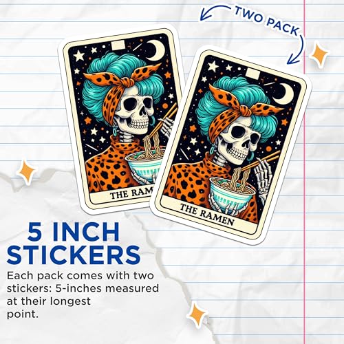 (2 Pack) Skull Eating Ramen Stickers - Retro Skull Art - Funny Skeleton Stickers - 5" On Longest Side - Sticks to Smooth Flat Surfaces - Made in USA - BMCS5486