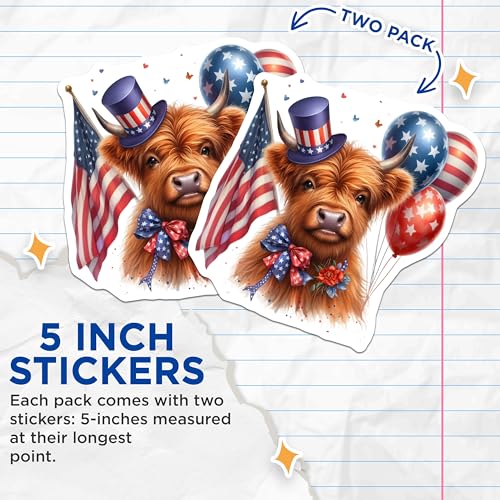 (2 Pack) Patriotic Highland Cow Stickers - 4th of July Decorations - Independence Day Stickers - 5" On Longest Side - Sticks to Smooth Flat Surfaces - Made in USA - BMCS6352