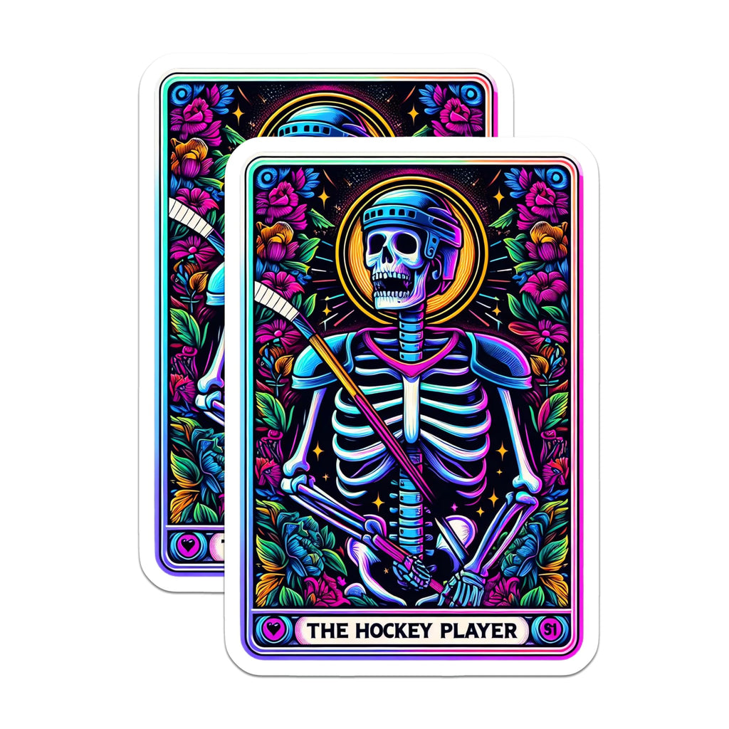 (2 Pack) Hockey Skeleton Magnets - Neon Floral Skull Decor - Tarot Card Style Ice Hockey Player Art - 5 Inches On Longest Side - Thick Durable Magnet - Made in USA - MAG24630