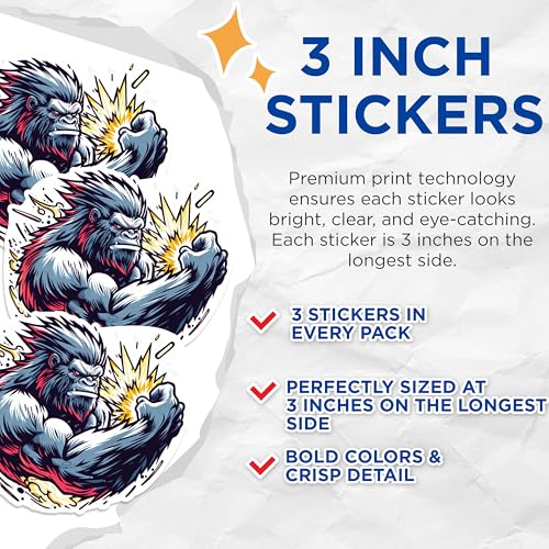(3 Pack) Angry Gorilla Decals - King Kong Decal - Laptop Decal - 3 Inches On Longest Side - Easy Peel & Apply - Made in USA - 3MCS0978