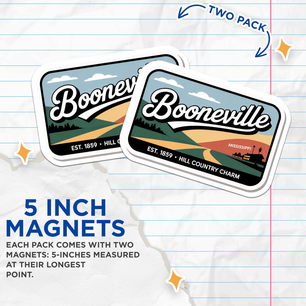 (2 Pack) Booneville Mississippi Magnets - Hill Country Charm - Travel Souvenir Decoration - 5" On Longest Side - Premium Magnet - for Cars, Refrigerators, Toolboxes, Lockers - Made in USA - MAG17822