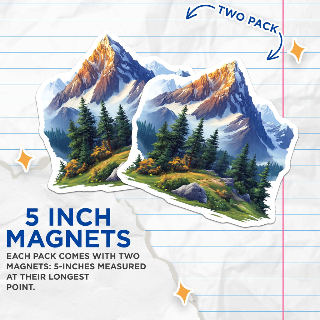(2 Pack) Sunlit Mountain Magnets - Majestic Alpine Peaks Decor - Nature Lover Refrigerator Art - 5 Inches On Longest Side - Thick Durable Magnet - Made in USA - MAG26880