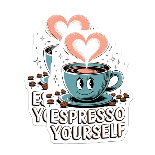 (2 Pack) Espresso Yourself Stickers - Cute Coffee Stickers - Funny Coffee Quote Decal - 5" On Longest Side - Sticks to Smooth Flat Surfaces - Made in USA - BMCS4603