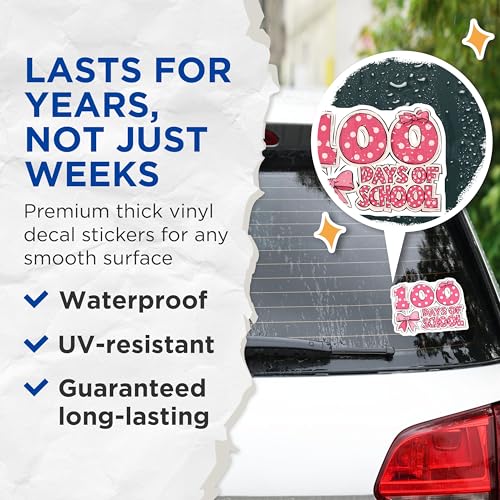 (2 Pack) 100 Days of School Stickers - Pink Polka Dot Bow Stickers - Milestone Celebration Decor - 5" On Longest Side - Sticks to Any Smooth Flat Surface - Made in USA - BMCS3065