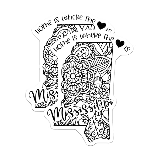 (2 Pack) Mississippi State Outline Stickers - Home is Where The Heart is Quote - Floral Design - 5" On Longest Side - Sticks to Smooth Flat Surfaces - Made in USA - BMCS9072