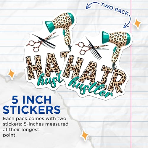 (2 Pack) Hair Hustler Stickers - Leopard Print - Hairdresser Decals - 5" On Longest Side - Sticks to Smooth Flat Surfaces - Made in USA - BMCS7573