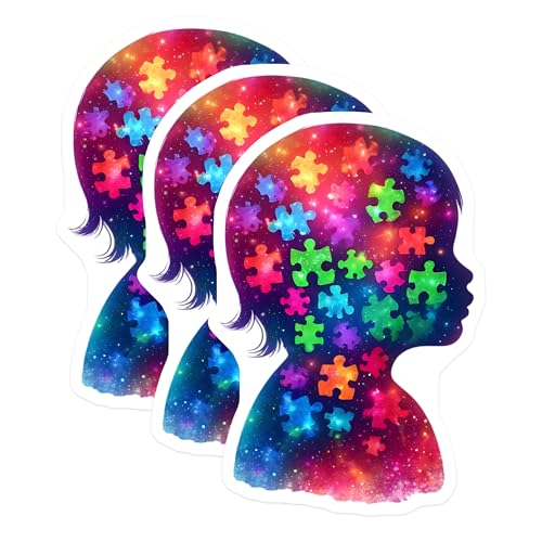 (3 Pack) Puzzle Pieces Decals - Head Silhouette - Colorful Galaxy Decals - 3 Inches On Longest Side - Easy Peel & Apply - Made in USA - 3MCS6668
