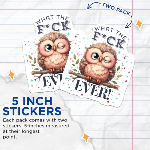 (2 Pack) Funny Owl Stickers - What The F*ck Ever - Cute Animal Stickers for Laptops Water Bottles - 5" On Longest Side - Sticks to Smooth Flat Surfaces - Made in USA - BMCS7165