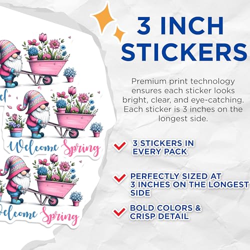 (3 Pack) Spring Gnome Decals - Welcome Spring Stickers - Gnome Wheelbarrow Flowers - 3 Inches On Longest Side - Easy Peel & Apply - Made in USA - 3MCS6761