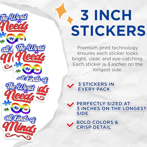 (3 Pack) Autism Awareness Decals - Infinity Symbol - Diverse Minds Decals- 3 Inches On Longest Side - Easy Peel & Apply - Made in USA - 3MCS5313