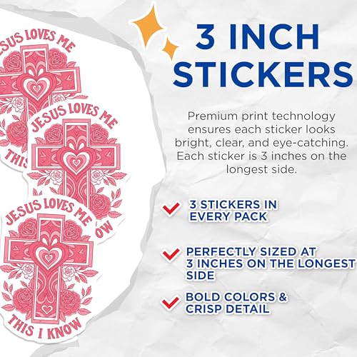 (3 Pack) Jesus Loves Me Decals - Floral Cross - Faith Based - 3 Inches On Longest Side - Easy Peel & Apply - Made in USA - 3MCS2887