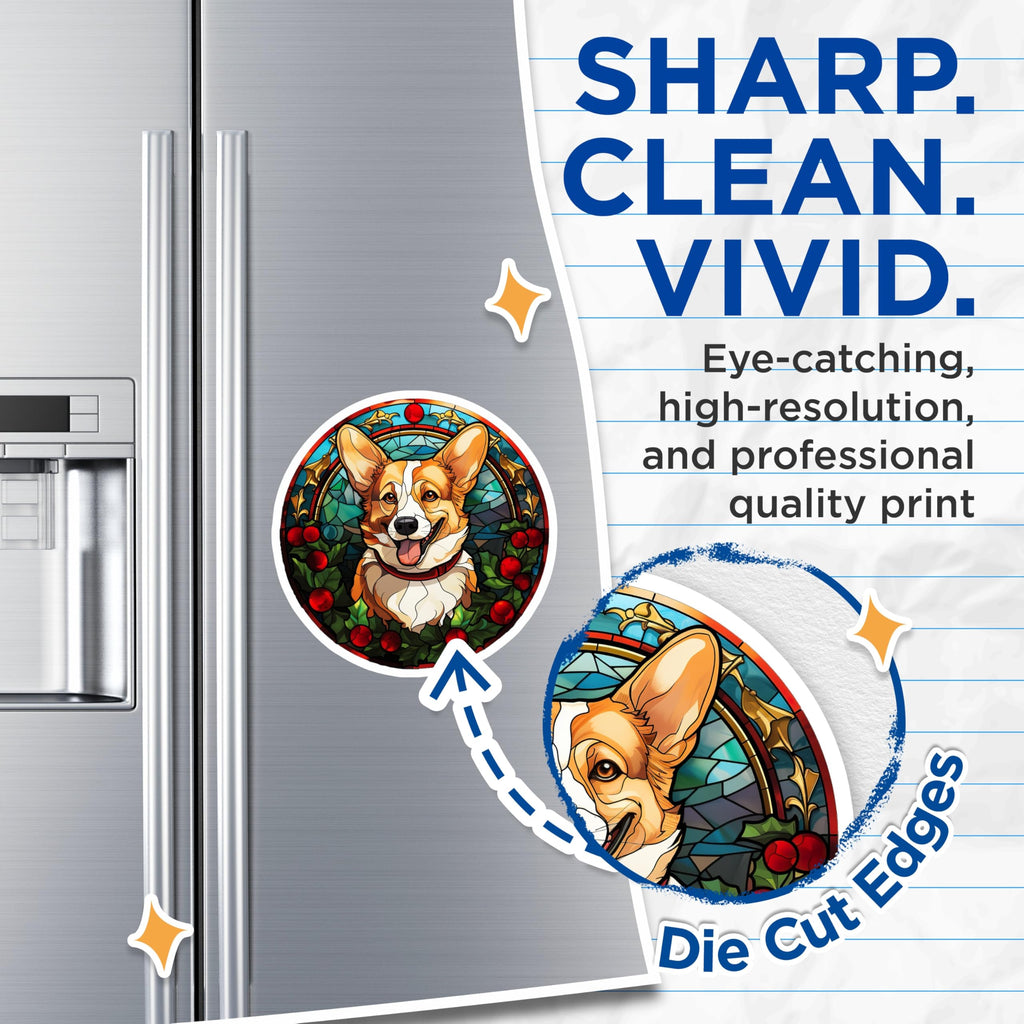 (2 Pack) Stained Glass Corgi Magnets - Christmas Dog Decor - Holiday Pet Lover Present - 5 Inches On Longest Side - Thick Durable Magnet - Made in USA - MAG30425