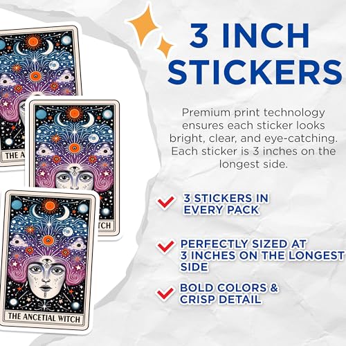 (3 Pack) Ancestral Witch Decals - Tarot Card Decals - Occult Decal - 3 Inches On Longest Side - Easy Peel & Apply - Made in USA - 3MCS4110