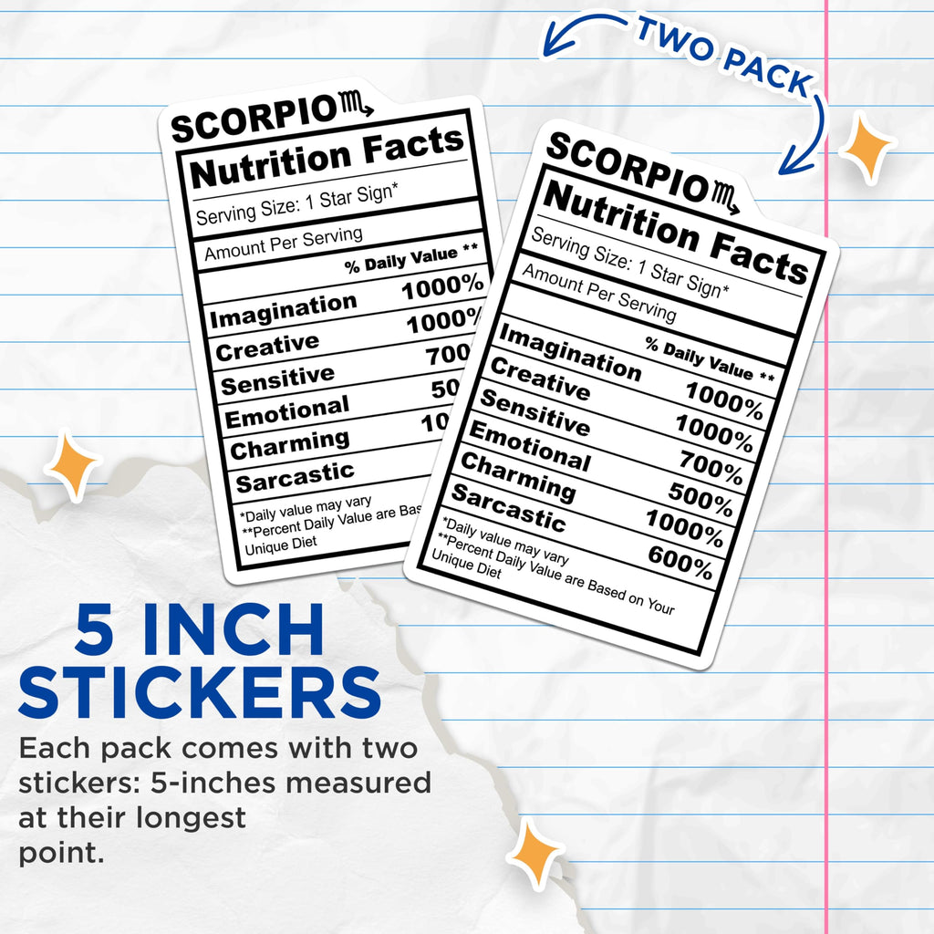 (2 Pack) Scorpio Zodiac Stickers - Nutrition Facts Astrology - Horoscope Sign Decals - 5" On Longest Side - Sticks to Smooth Flat Surfaces - Made in USA - BMCS14060