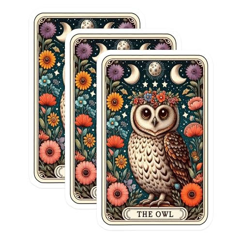 (3 Pack) Owl Tarot Card Decals - Floral Owl Sticker - Bohemian Laptop Decal - 3 Inches On Longest Side - Easy Peel & Apply - Made in USA - 3MCS4239