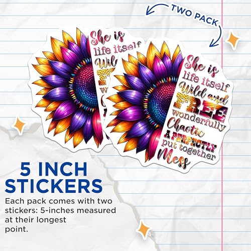 (2 Pack) Inspirational Sunflower Stickers - Motivational Quotes - Colorful Flower Art - 5" On Longest Side - Sticks to Smooth Flat Surfaces - Made in USA - BMCS8189