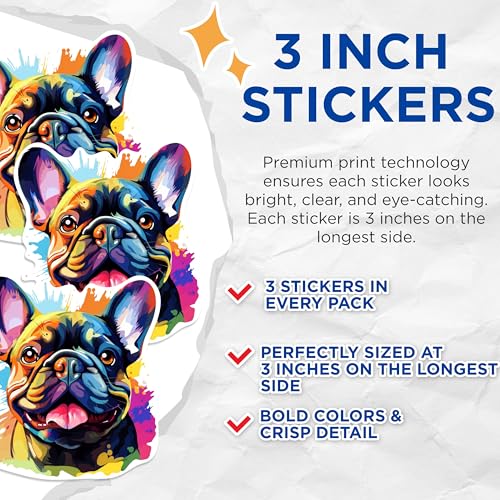 (3 Pack) French Bulldog Decals - Colorful Dog Laptop Decal - Cute Puppy Dog Stickers - 3 Inches On Longest Side - Easy Peel & Apply - Made in USA - 3MCS0735
