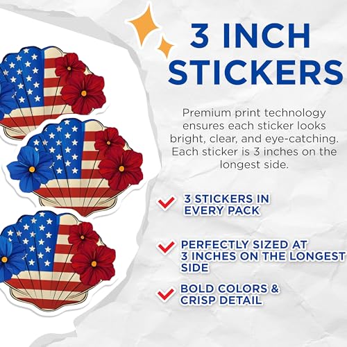 (3 Pack) Patriotic Flowers Decals - American Flag - Laptop Decals - 3 Inches On Longest Side - Easy Peel & Apply - Made in USA - 3MCS7743
