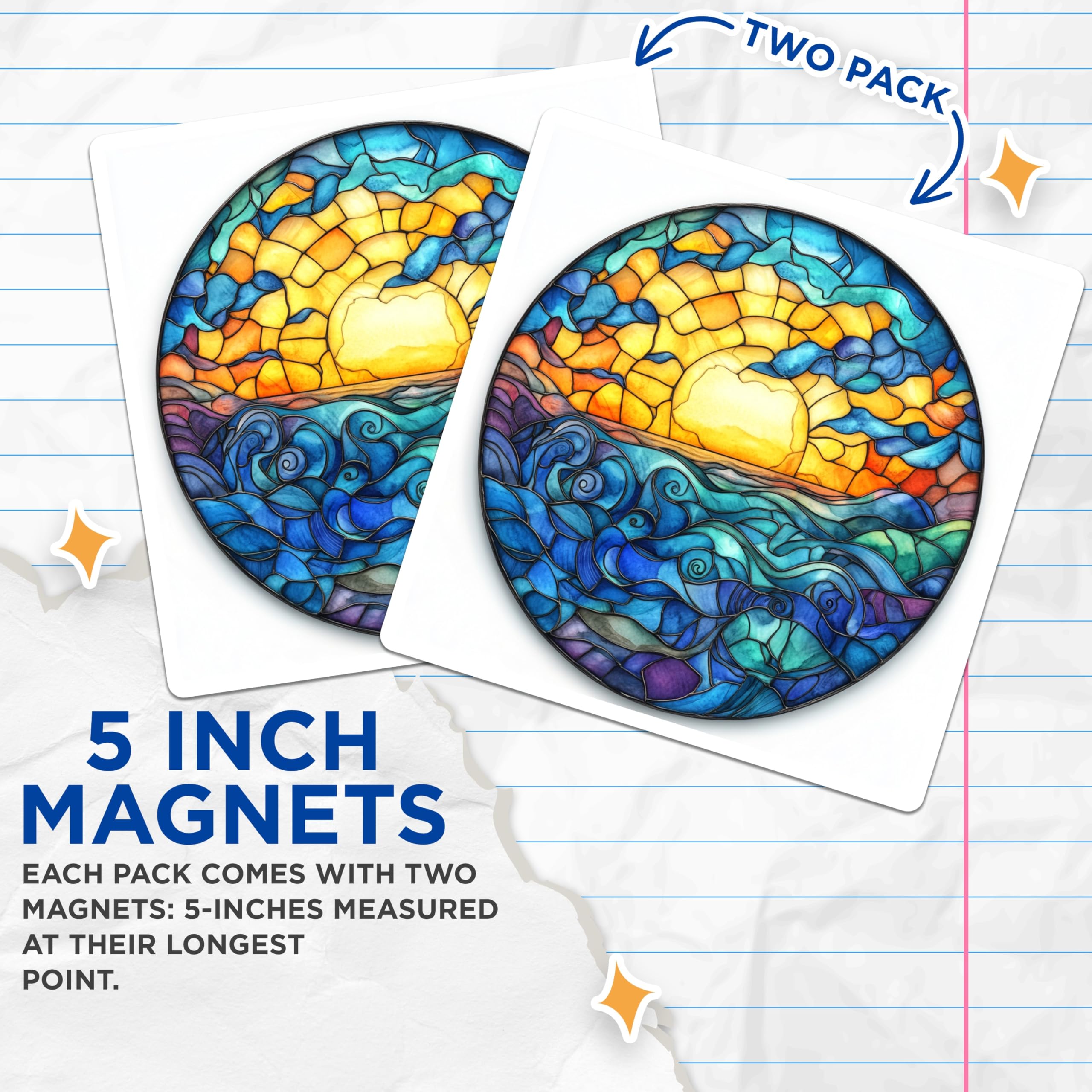 (2 Pack) Stained Glass Sunset Magnets - Ocean Waves Fridge Decor - Vibrant Coastal Art Home Accent - 5 Inches On Longest Side - Thick Durable Magnet - Made in USA - MAG28881