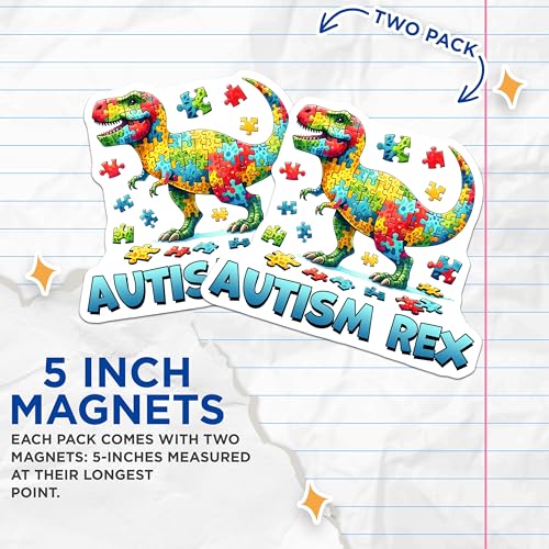 (2 Pack) Autism Awareness Rex Magnets - Puzzle Dino - Colorful Dinosaur - 5" On Longest Side - for Cars, Fridges, Toolboxes - Made in USA - MAG8116