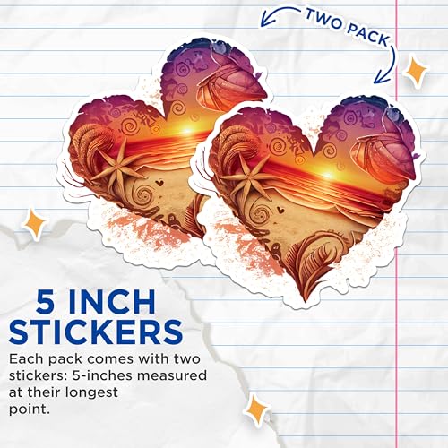 (2 Pack) Sunset Beach Stickers - Ocean Heart Stickers - Coastal Beach Themed Stickers for Laptops and Scrapbooks - 5" On Longest Side - Sticks to Any Smooth Flat Surface - Made in USA - BMCS2856