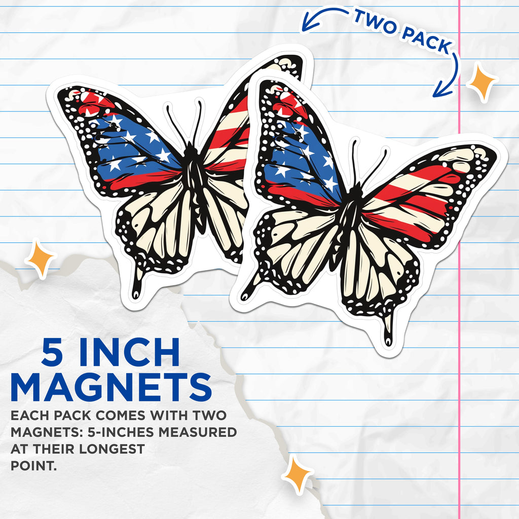 (2 Pack) American Flag Butterfly Magnets - Patriotic Fridge Locker Decoration - 4th of July USA Pride - 5 Inches On Longest Side - Thick Durable Magnet - Made in USA - MAG37568