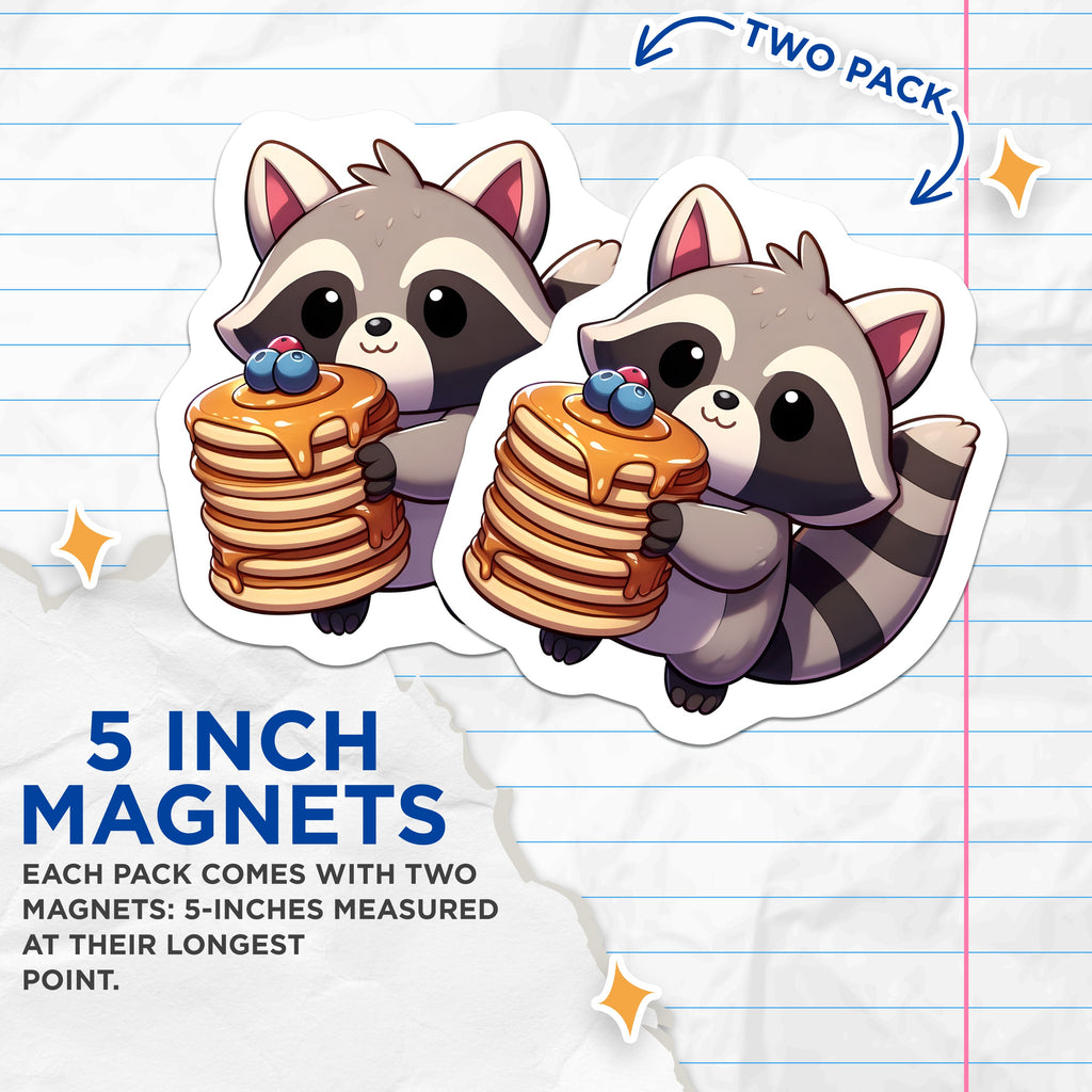 (2 Pack) Kawaii Raccoon Pancake Magnets - Cute Animal Fridge - Breakfast Foodie Locker - 5 Inches On Longest Side - Thick Durable Magnet - Made in USA - MAG37511
