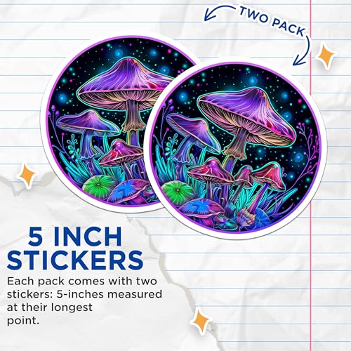 (2 Pack) Psychedelic Mushroom Stickers - Trippy Art - Glow in The Dark Mushroom Decals - 5" On Longest Side - Sticks to Smooth Flat Surfaces - Made in USA - BMCS6648