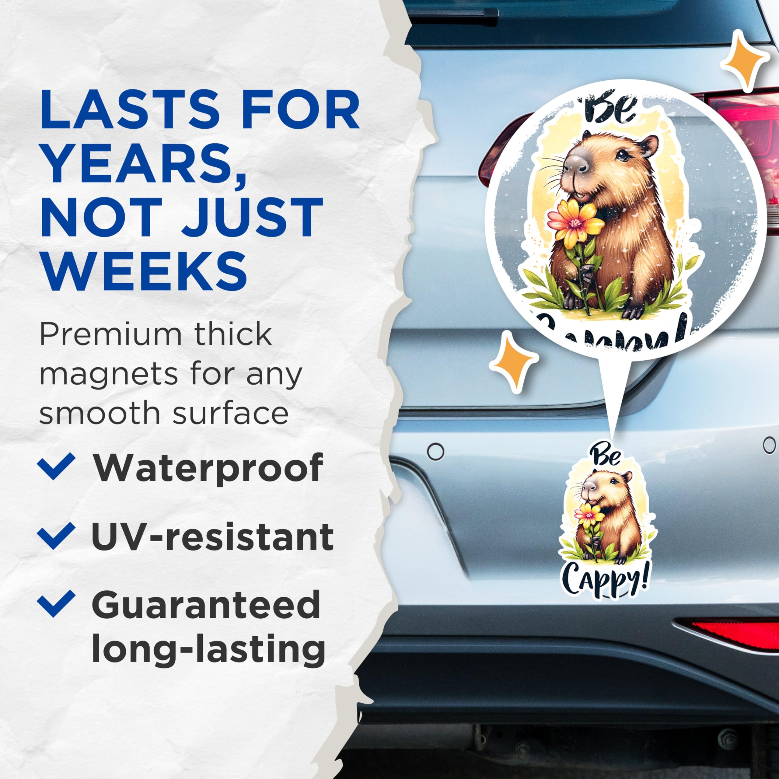 (2 Pack) Be Cappy Magnets - Cute Capybara Magnets - Animal Lover Fridge Decor Magnets - Inspirational Quote Magnets- 5" On Longest Side - for Fridges, Toolboxes, Cars - Made in USA - MAG2671