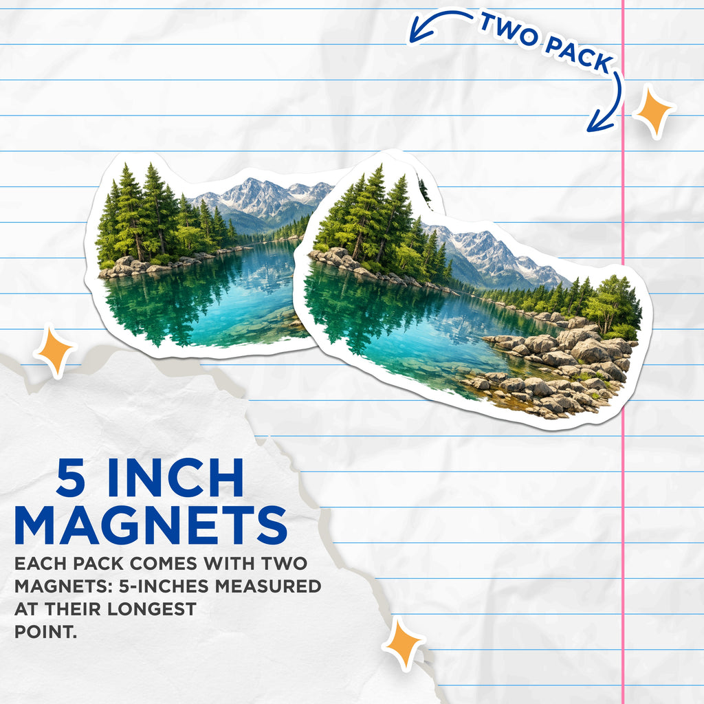 (2 Pack) Mountain Lake Magnets - Pine Forest Landscape Art - Scenic Vista Refrigerator Decor - 5 Inches On Longest Side - Thick Durable Magnet - Made in USA - MAG38056