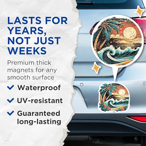 (2 Pack) Beach Sunset Wave Magnets Magnets - Tropical Palm Tree Sun Surfboard Decor - 5" On Longest Side - Made in USA - Sticks to Refrigerators & Metal Surfaces - MAG9255