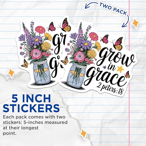 (2 Pack) Grow in Grace Stickers - Bible Verse Flower Stickers - Encouraging Scripture Stickers - 5" On Longest Side - Sticks to Smooth Flat Surfaces - Made in USA - BMCS6726